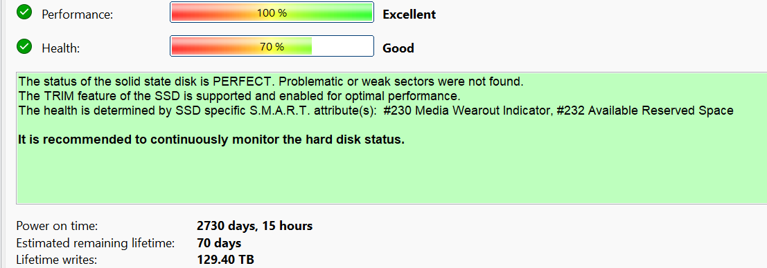 SSD health report showing 2730 days power-on time and 70 days estimated remaining lifetime